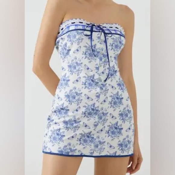 Blue Floral Corset Mini Dress Y2K Toile Strapless Bow Style 💙 - Picture 3 of 9